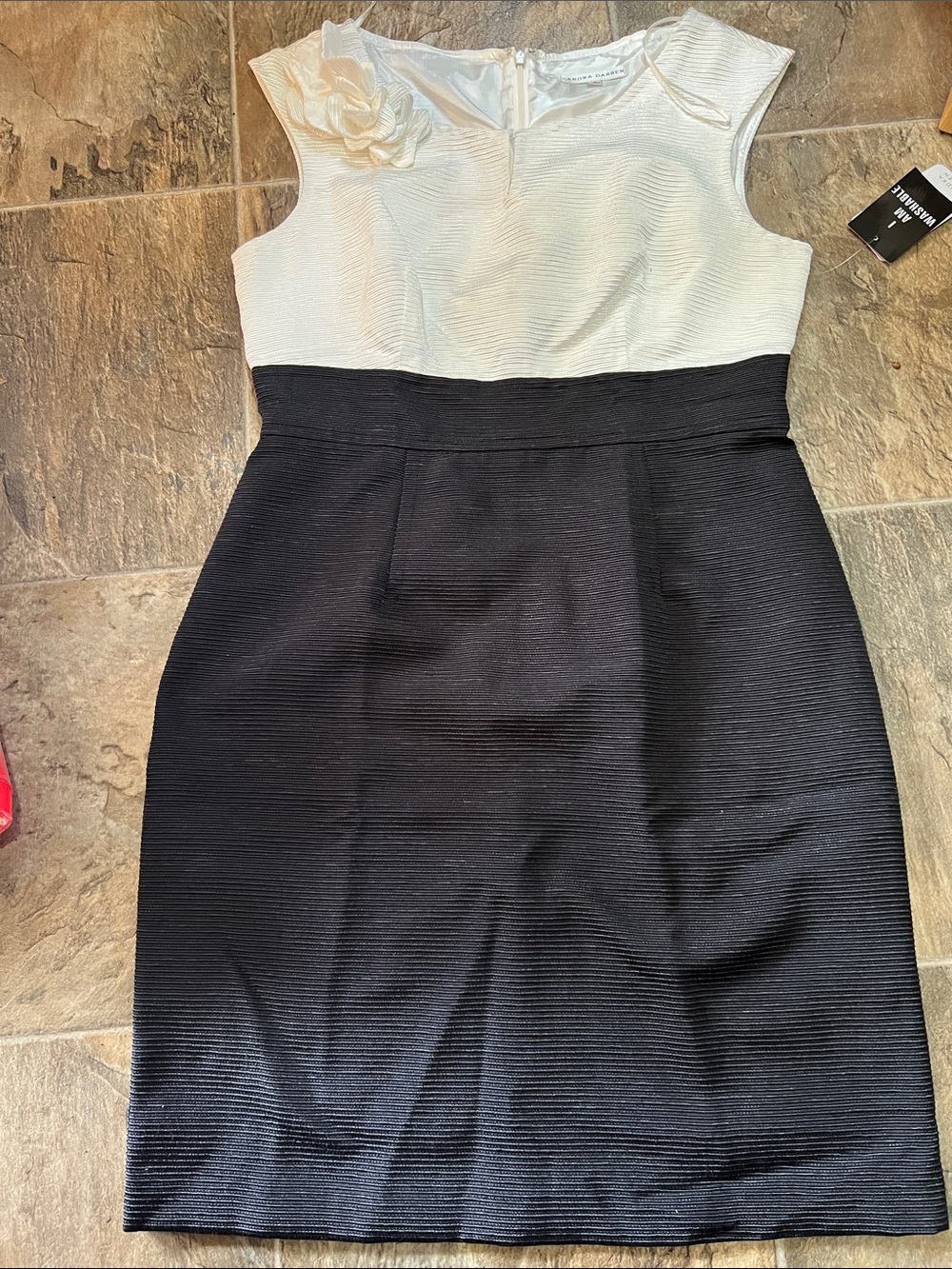 Sandra Darren Cream and Black Textured Sheath Dress